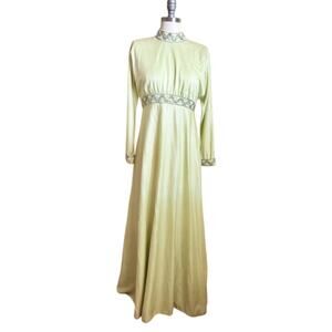 Vintage 60s Beaded Maxi Dress Sage Green High Neck Empire Waist Boho Gown S